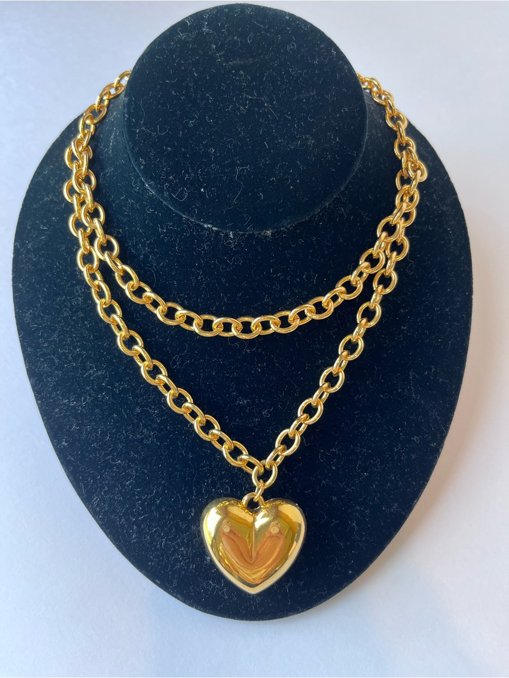 Vintage Gold Tone Puffy Heart Double Chain Necklace